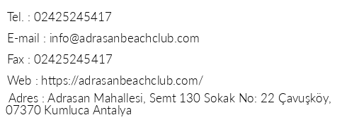 Adrasan Beach Club telefon numaralar, faks, e-mail, posta adresi ve iletiim bilgileri